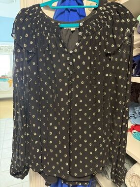 LOFT Black Floral Button-Front Blouse